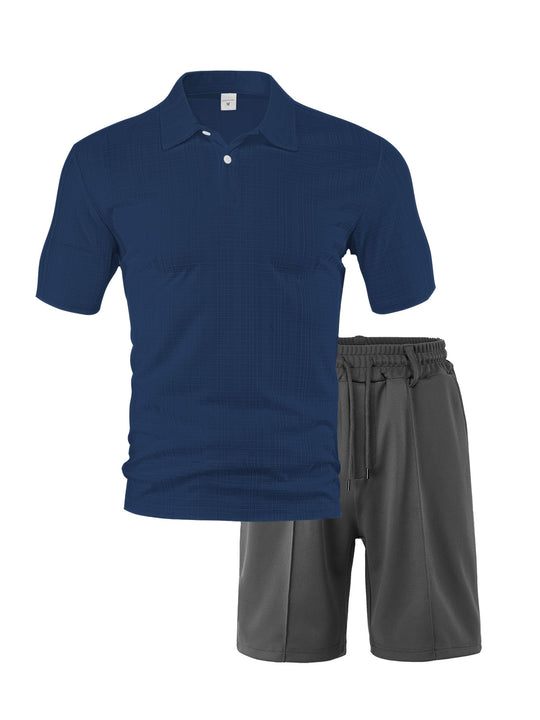 Herren nan zweiteiliges Sommer-Reise-Set mit texturiertem Kurzarm-Poloshirt und funktionalen Mesh-Shorts R&B