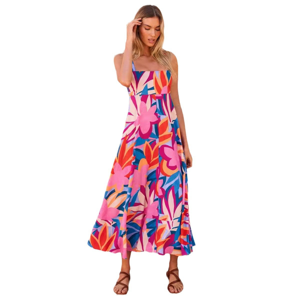 Damen Maxikleid mit Blumenmuster und verstellbaren Spaghettiträgern R&B