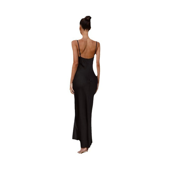 Damen Elegantes, fließendes Maxikleid aus hochwertigem Satin mit Spaghettiträgern R&B
