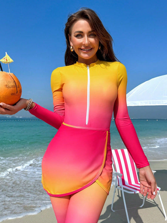 Damen sportlicher Rashguard mit Reißverschluss und elegantem Wickeldetail R&B