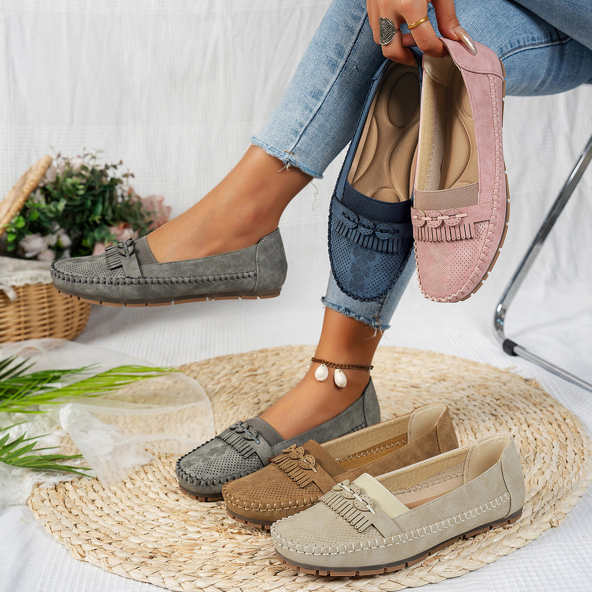Damen Mokassins mit modischem Fransen-Design und atmungsaktivem Obermaterial R&B