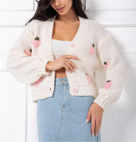 Damen Strickjacke mit floralem Stickdesign und geripptem Bund R&B