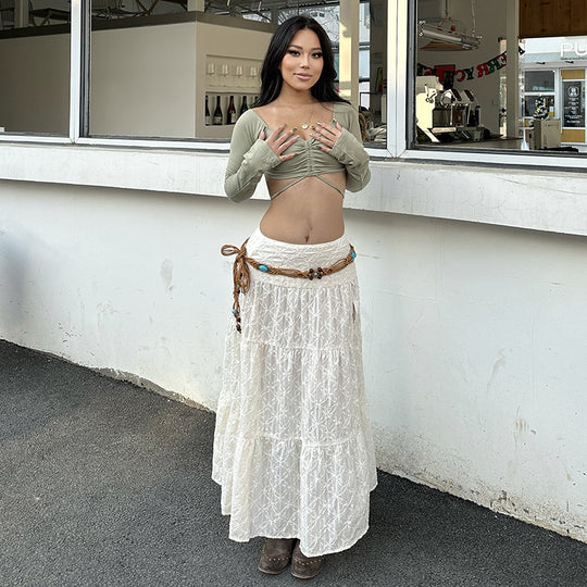 Damen Maxirock aus feiner Spitze mit elegantem Wellenmuster und asymmetrischem Saum R&B