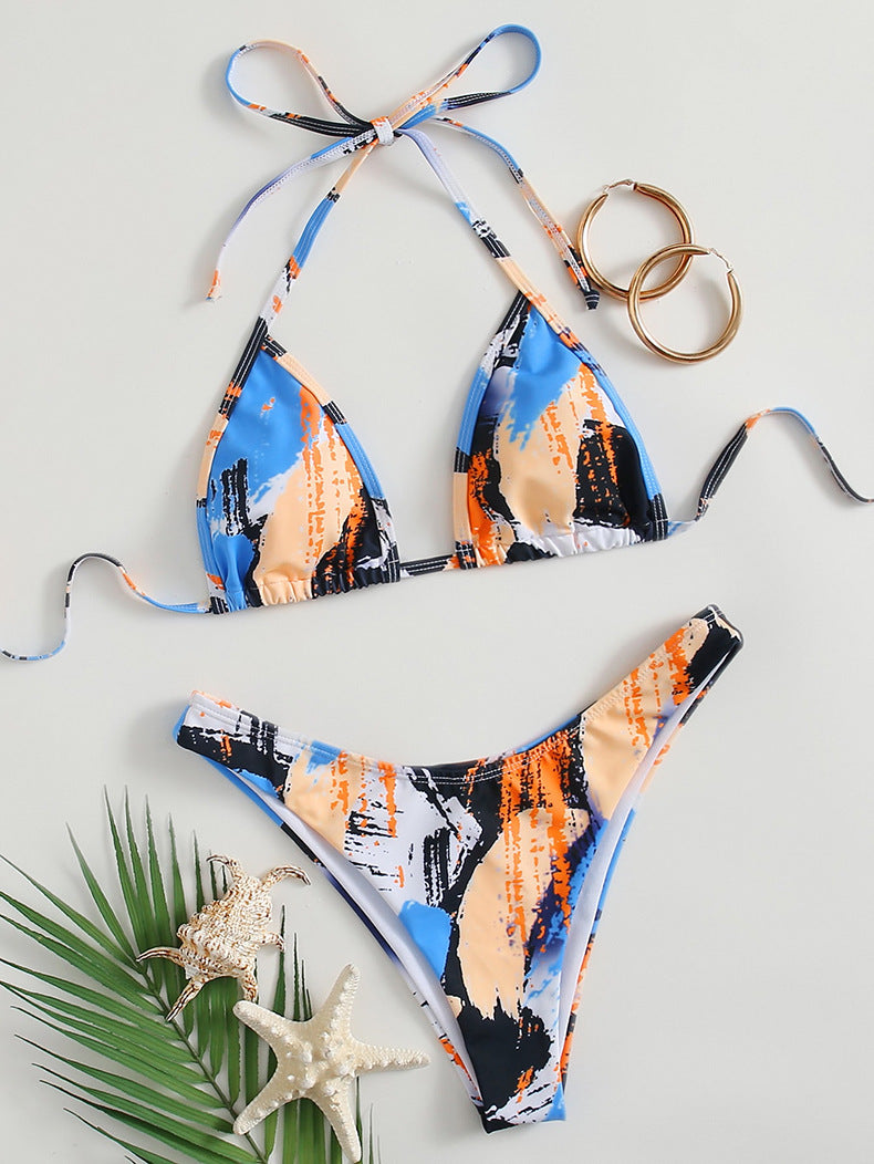 Damen Triangel-Bikini-Set mit verstellbarem Knoten und elastischem Hochschnitt R&B