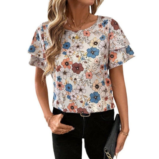 Damen Kurzarm-Bluse mit Volant und floralem Muster R&B