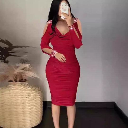 Damen Figurbetontes Cocktailkleid mit detaillierter Raffung und Off-Shoulder-Ärmeln R&B