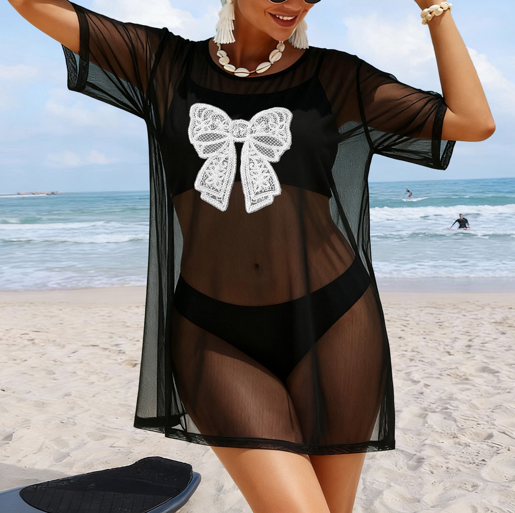 Damen transparenter Strandüberwurf mit filigranem Spitzenmuster R&B