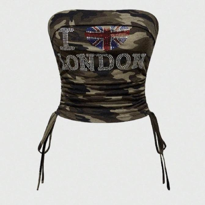 Damen Bustier-Oberteil mit Camouflage-Muster und Strass-Applikationen R&B