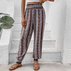 Damen Freizeithose im Bohemian-Stil mit elastischem Bund und Blumenmuster
