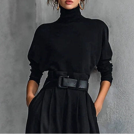 Damen nan elegante hochgeschnittene Plisseehose mit weitem Bein und Rollkragen-Feinstricktop R&B
