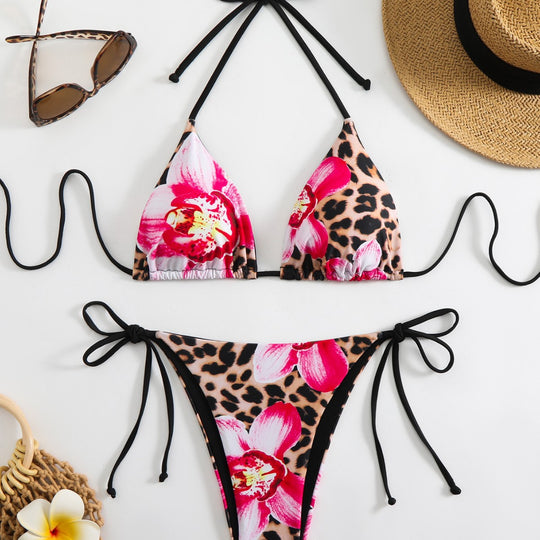 Damen Triangel-Bikini mit floralem und animalischem Druck R&B