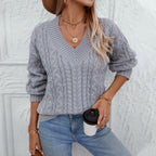 Damen Grobstrickpullover mit V-Ausschnitt und Zopfmuster
