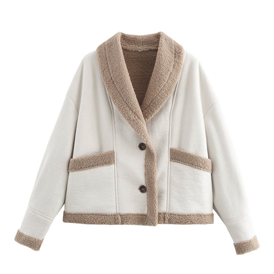Damen modische Teddyjacke mit schickem Kragen und praktischen Taschen R&B