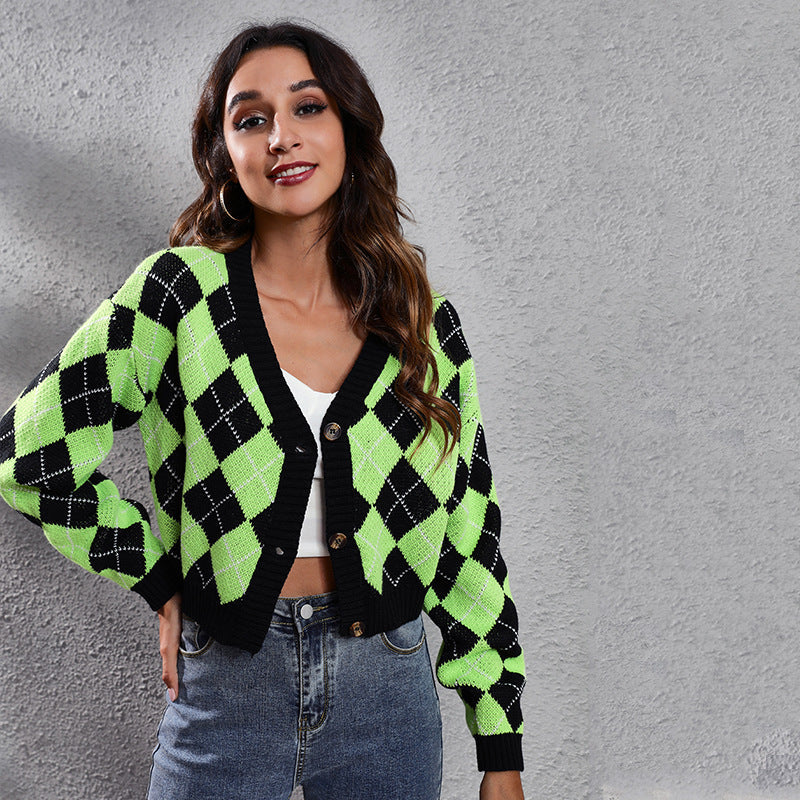 Damen Trendige Karomuster Strickjacke mit Knopfverschluss und weitem Schnitt R&B