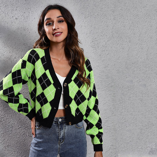 Damen Trendige Karomuster Strickjacke mit Knopfverschluss und weitem Schnitt R&B