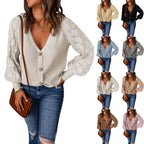 Damen Strickjacke mit V-Ausschnitt und modischen Puffärmeln R&B