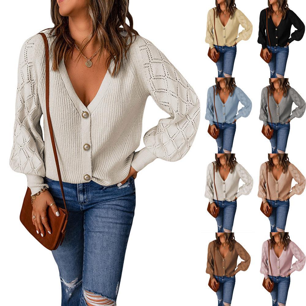 Damen Strickjacke mit V-Ausschnitt und modischen Puffärmeln R&B