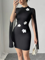 Damen Kleid mit transparenten Ärmeln und floralen Applikationen R&B