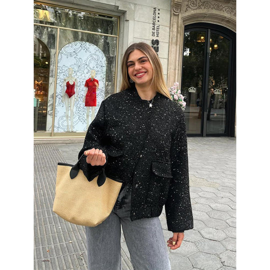 Damen Funkelnde Paillettenjacke mit lässigem Schnitt R&B
