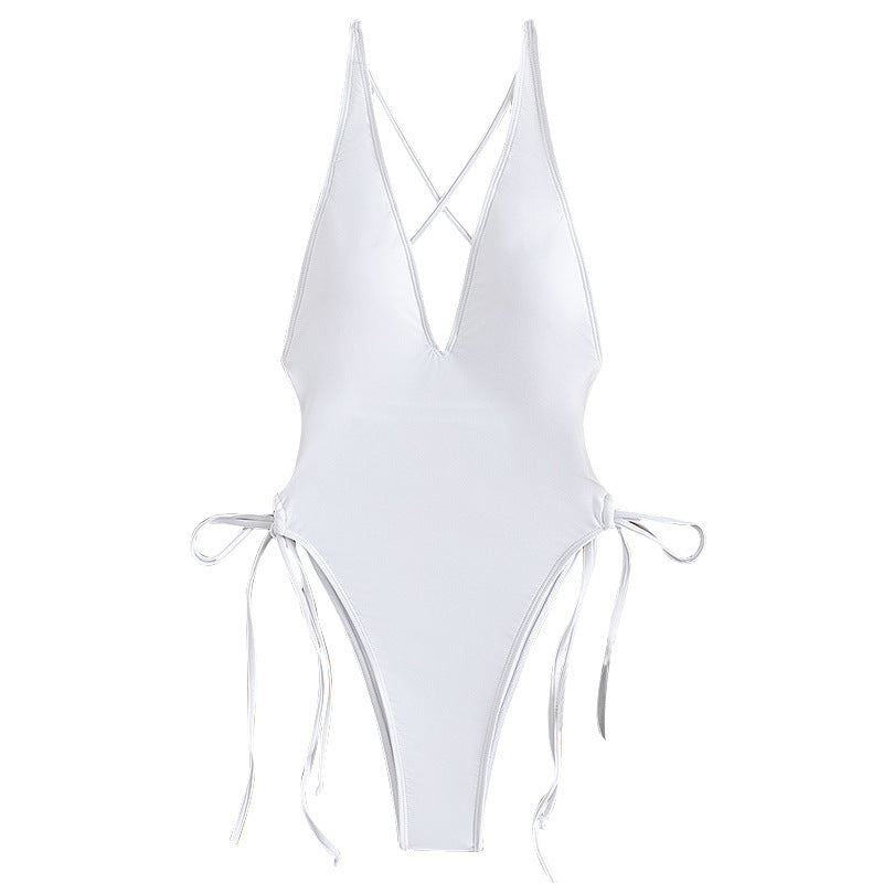 Damen Einteiliger Badeanzug mit tiefem V-Ausschnitt und verstellbaren Schnürdetails R&B