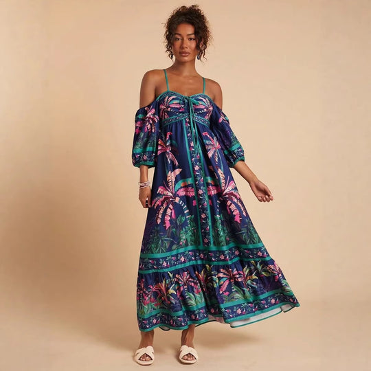 Damen Maxikleid mit schulterfreiem Design und tropischem Druck R&B