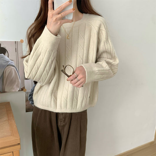 Damen Grob gestrickter Sweater mit Rundhalsausschnitt und lässiger Passform R&B