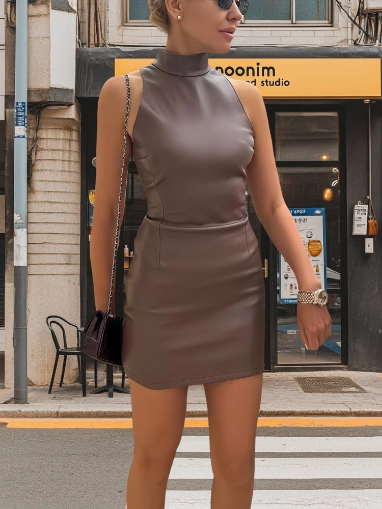 Damen figurbetontes Kleid mit Stehkragen und glänzender Oberfläche R&B