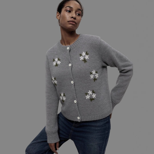 Damen gestrickter Cardigan mit floralen Stickereien R&B