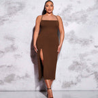 Damen schickes Maxikleid mit Spaghetti-Trägern und seitlichem Schlitz R&B