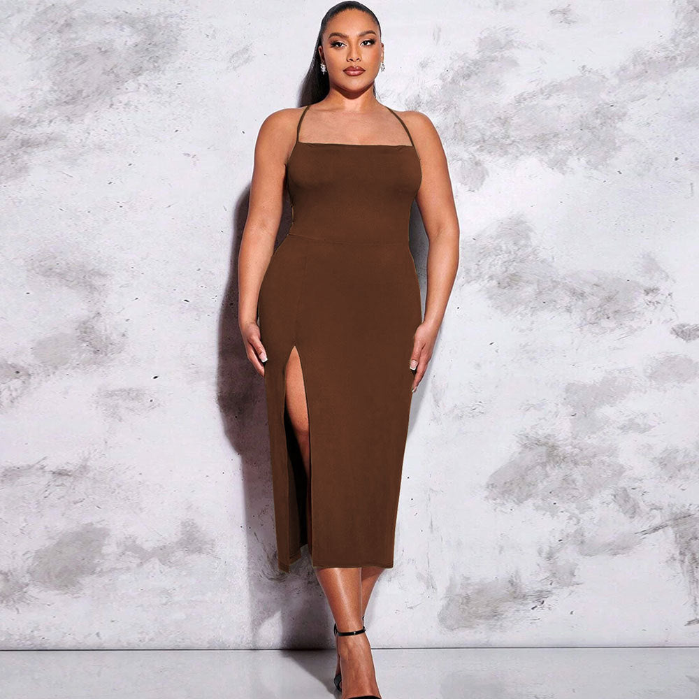 Damen schickes Maxikleid mit Spaghetti-Trägern und seitlichem Schlitz R&B