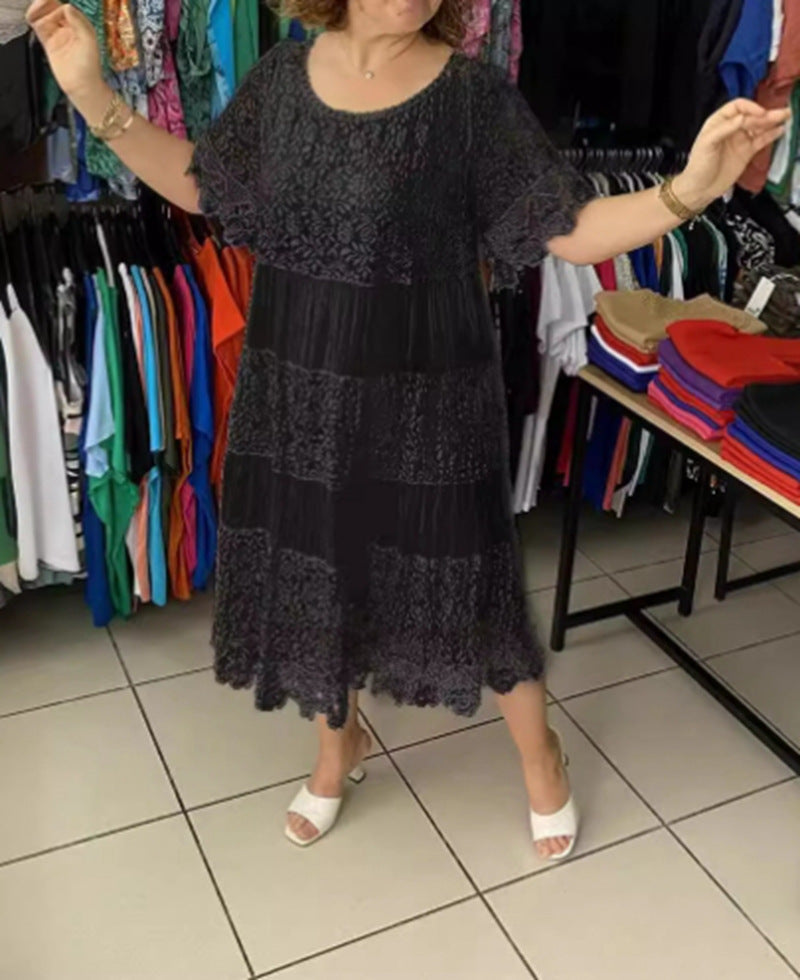 Damen nan mehrlagiges Spitzen-Midikleid mit plissierten Einsätzen und Volantärmeln R&B