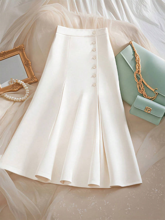 Damen Eleganter Midirock mit Knopfdetails und schwingendem Saum R&B