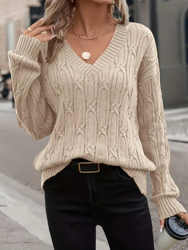 Damen Strickpullover mit V-Ausschnitt und Zopfmuster R&B