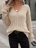 Damen Strickpullover mit V-Ausschnitt und Zopfmuster R&B