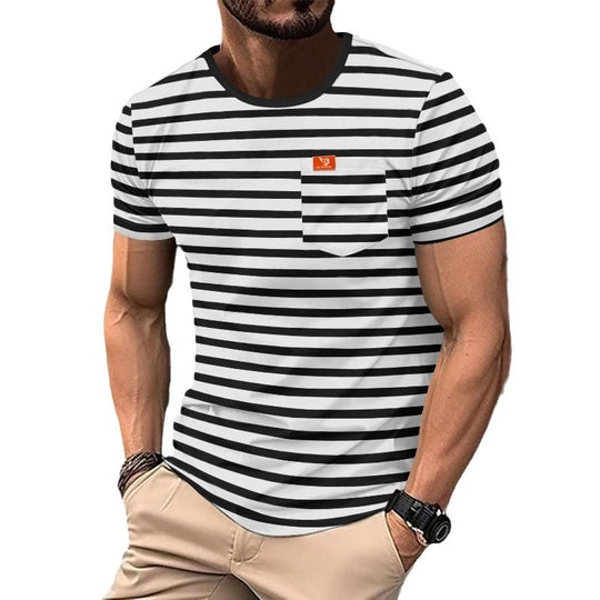 Herren nan lässiges gestreiftes Baumwoll-Jersey T-Shirt mit Rundhalsausschnitt und unaufdringlichem Logo-Patch R&B