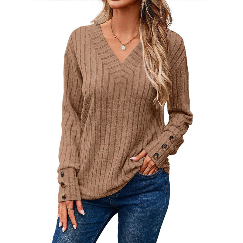 Damen V-Ausschnitt Pullover mit dekorativem Streifenmuster und Knopfdetails R&B