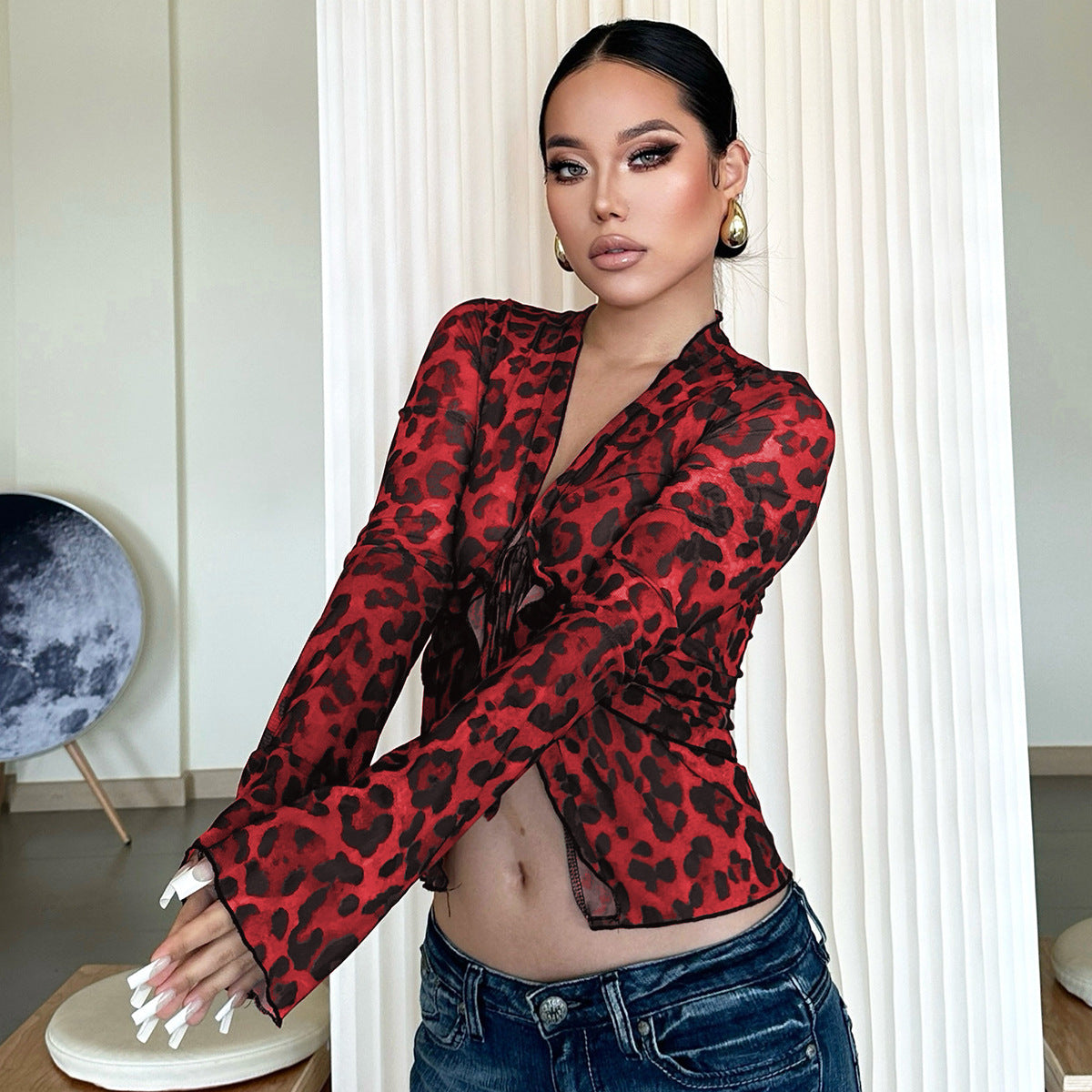 Damen leicht transparentes Oberteil mit Leopardenmuster R&B