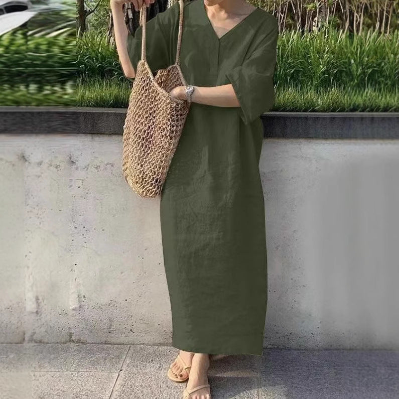 Damen lässiges Leinen-Midikleid mit V-Ausschnitt und weit geschnittenen Ärmeln R&B