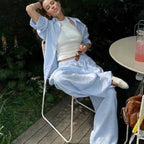 Damen nan luftiges Leinen-Loungeset mit Oversize-Hemd und weiter Bundhose mit Gummizug R&B