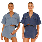 Damen Denim-Kurzarm-Oberteil mit passendem Wickelrock R&B