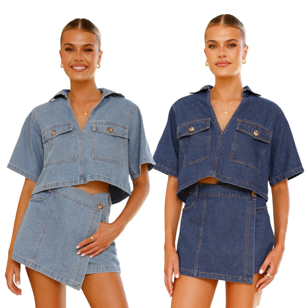 Damen Denim-Kurzarm-Oberteil mit passendem Wickelrock R&B