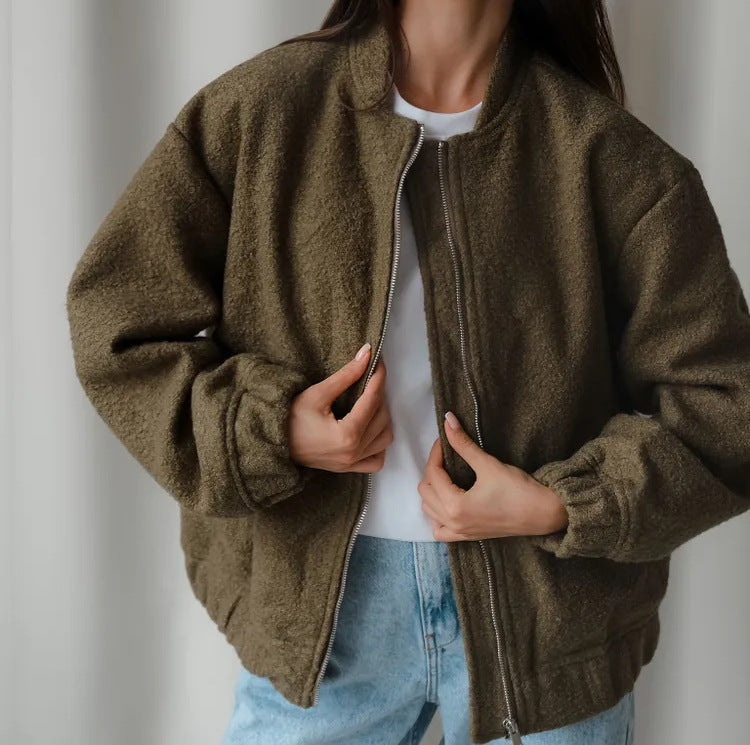 Damen Modische Bomberjacke aus weichem Wollmix mit Extragroßen Ärmeln R&B