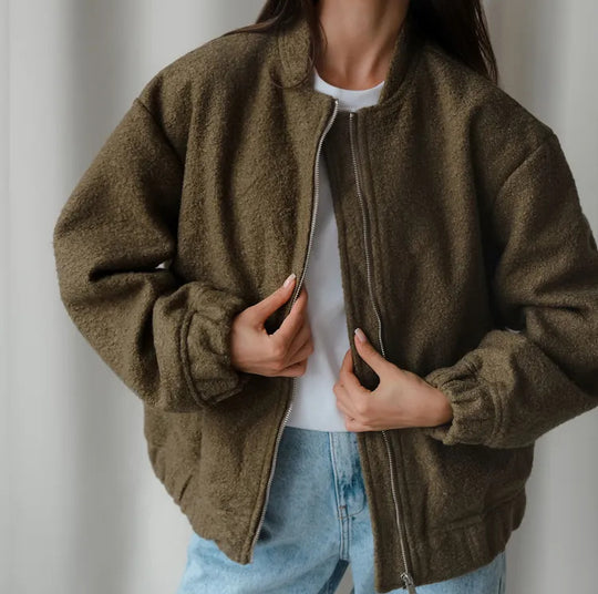 Damen Modische Bomberjacke aus weichem Wollmix mit Extragroßen Ärmeln R&B
