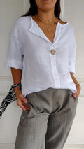 Leichte Damen-Leinenbluse mit Knöpfen und Krempelbaren Ärmeln R&B