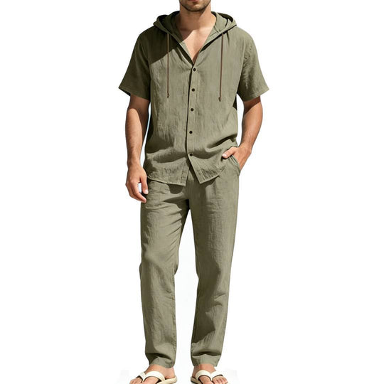 Herren nan luftiges Leinen-Lounge-Set mit kurzärmeligem Kapuzenhemd und gerader Relaxhose R&B