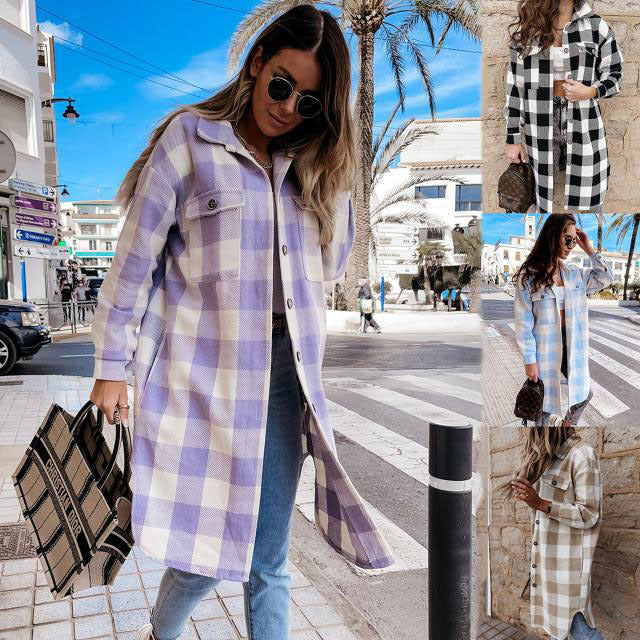 Damen Karierte Overshirtjacke mit Brusttaschen R&B