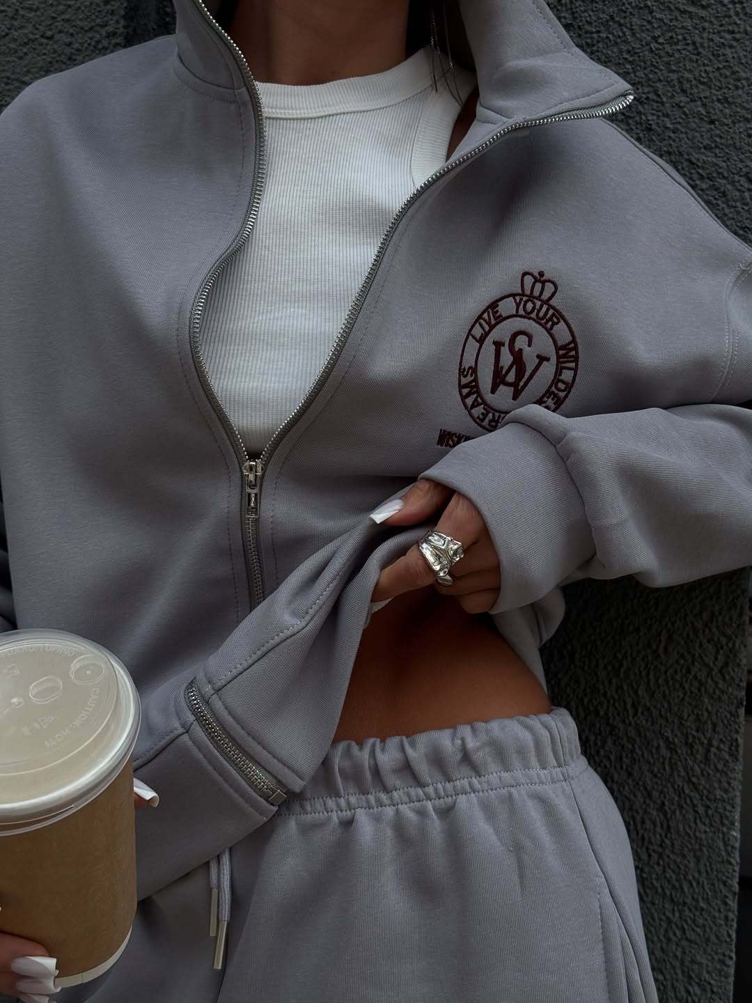 R&B | Reißverschluss Kragen Sweatshirt und Gerade Hosen Zweiteiler Satz