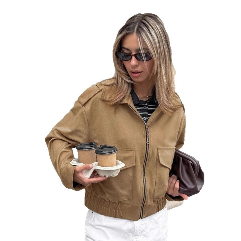 Damen Modische Suede Bomberjacke mit praktischen Taschen und Reißverschluss R&B