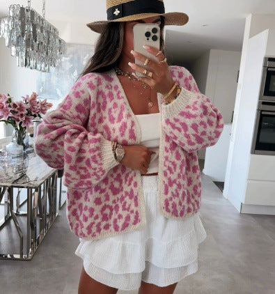 Damen grob gestrickter Cardigan mit stilvollem Leopardenmuster und bequemen Oversize-Details R&B
