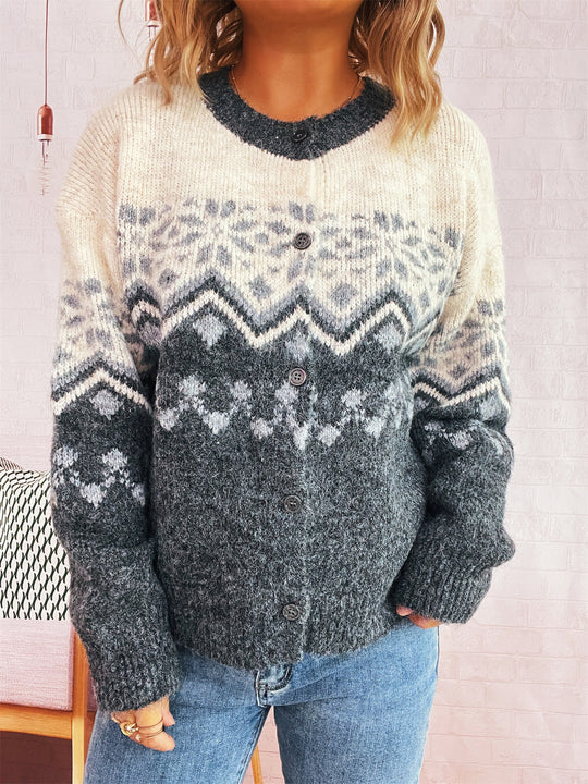 Damen kuschelige Strickjacke mit großem Muster und hochwertiger Verarbeitung R&B